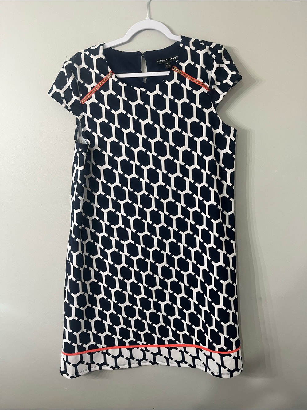 madison leigh Navy & White Geometric Dress with Coral Zip Detail